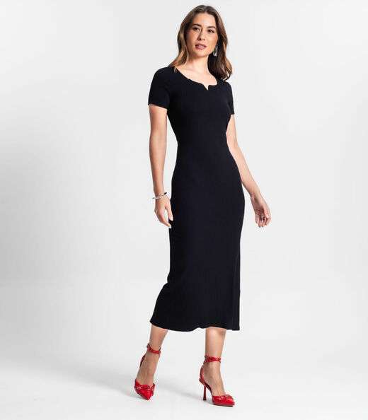 Vestido Midi Em Ribana Canelada Rovitex Preto