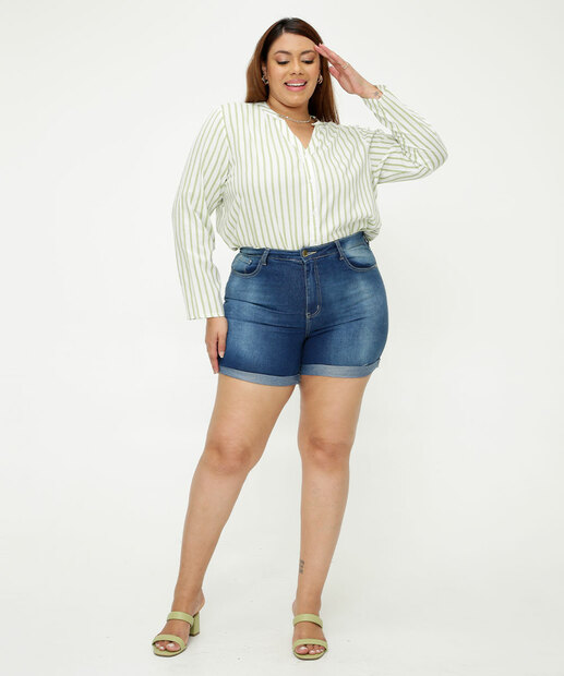 Camisa Plus Size Feminina Listrada Manga Longa Marisa
