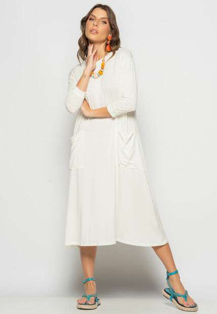 Vestido Midi Com Bolsos E Manga 7/8 Marfim Salvatore