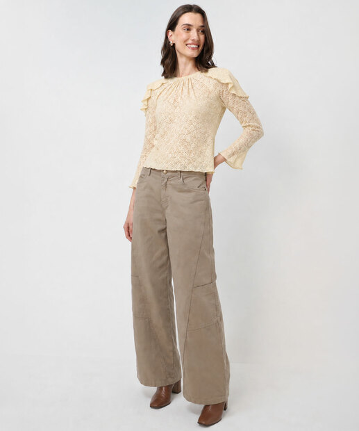 Calça Wide Leg Feminina Sarja Bolsos Bege