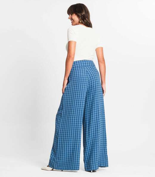 Calça Pantalona Feminina Xadrez Endless Azul