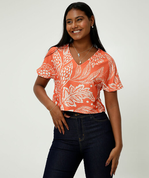 Blusa Feminina Estampa Folhas Manga Curta Marisa