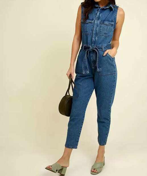 Macacão Feminino Jeans Amarração Sem Manga Marisa