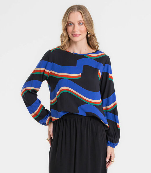 Blusa Manga Longa Feminina Estampada Rovitex Preto