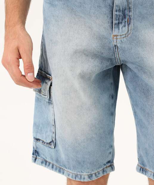 Bermuda Masculina Jeans Bolsos Cargo Azul
