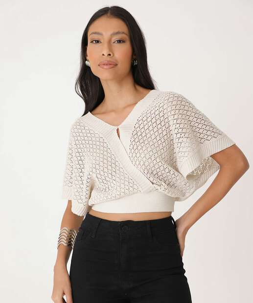Blusa Cropped Feminina Tricô Manga Curta Marisa