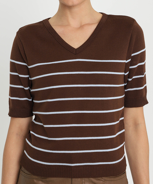 Blusa Feminina Tricô Listrada Manga Curta Marisa Marrom