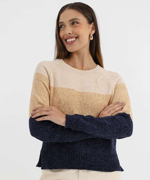 Image_Suéter Feminino Chenille Tricolor Marisa Bege