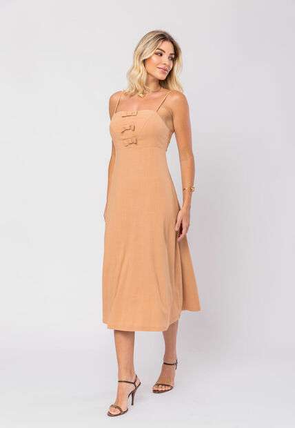 Vestido Midi Viscolinho Premium Laços Bege Salvatore