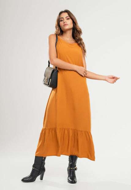 Vestido Midi Regata Babado Viscolinho Caramelo Salvatore Fashion