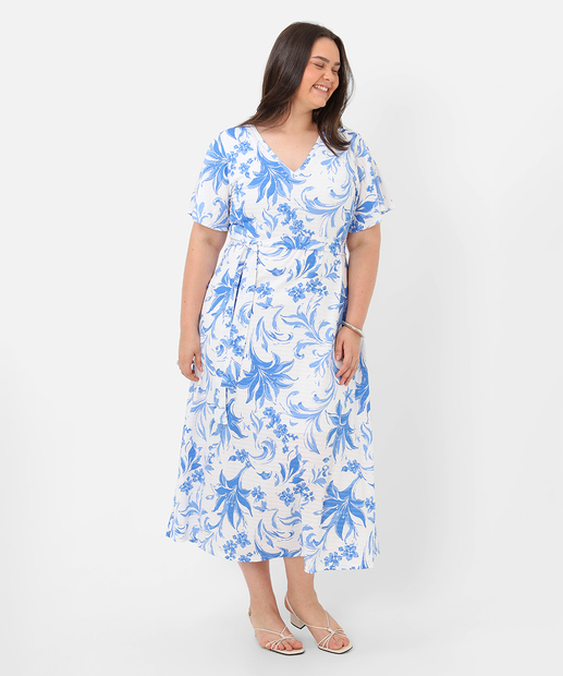 Vestido Plus Size Feminino Midi Floral Marisa Azul