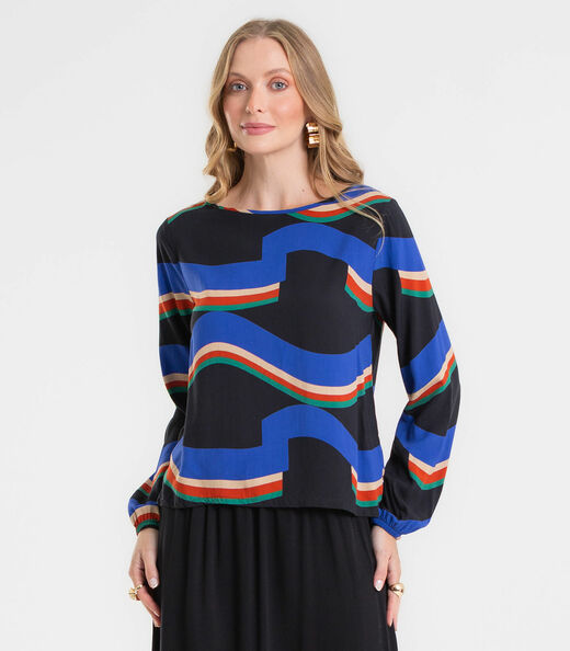 Blusa Manga Longa Feminina Estampada Rovitex Preto
