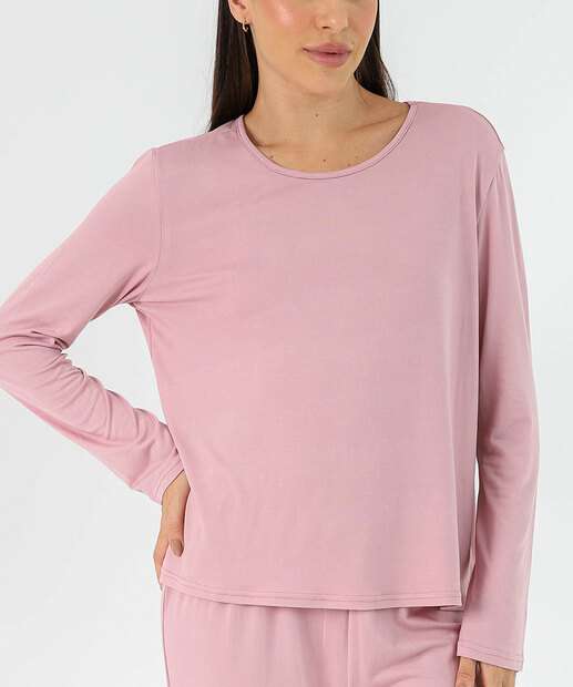 Pijama Feminino Liso Manga Longa Marisa Rosa
