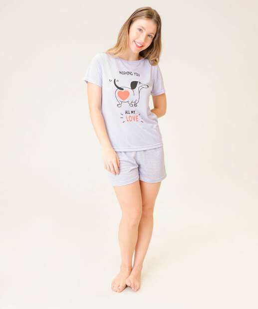 Pijama Feminino Estampa Cachorro Manga Curta Marisa