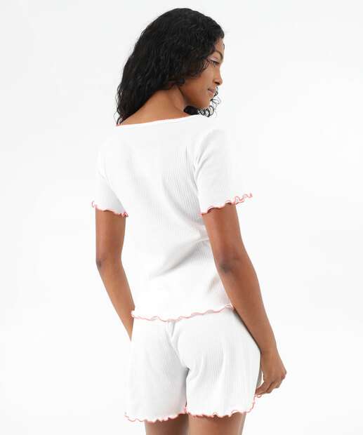 Pijama Feminino Canelado Manga Curta Marisa Off White
