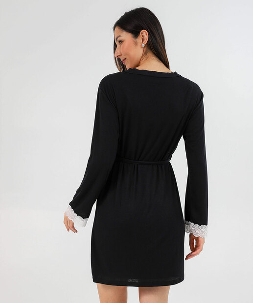 Robe Feminino Renda Amarração Manga 3/4 Marisa Preto