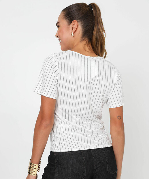 Blusa Feminina Listrada Branca Decote V Marisa Branca