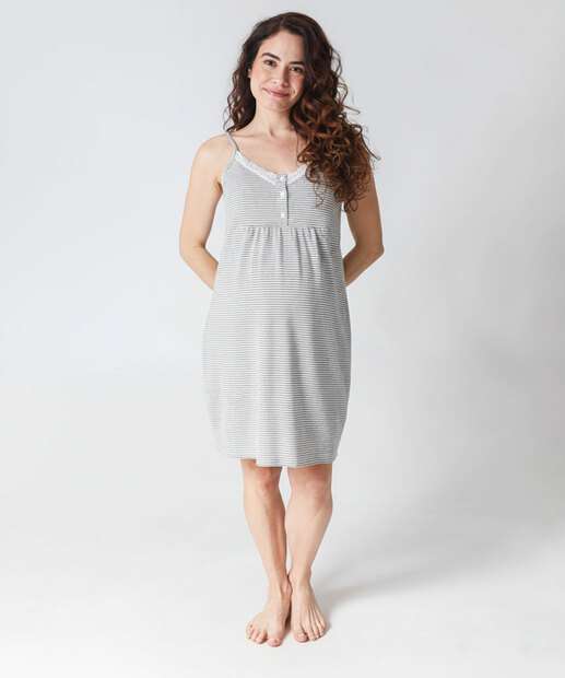 Camisola Gestante Listrada Recorte Renda Marisa Cinza