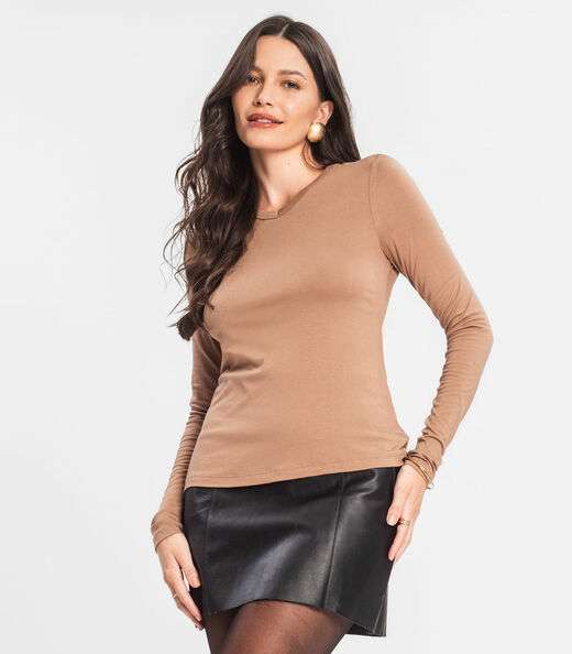 Blusa Manga Longa Decote V Básica Select Marrom