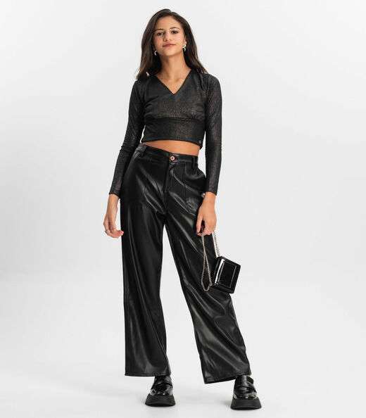 Blusa Cropped Juvenil Manga Longa Minty Preto