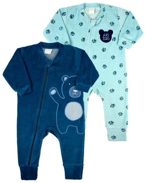 Image_Macacão Bebe Menino Plush Estampado e Liso Kit Macacão Plush Menino Urso 2 Peças