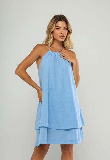 Vestido Curto Com Alças Finas e Babado Duplo Azul Salvatore