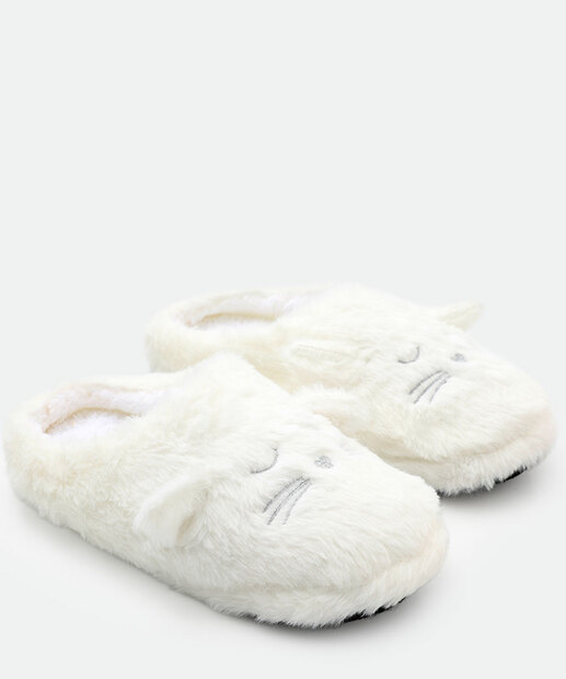 Pantufa Feminina Bordado Gato Orelhas Marisa Branco