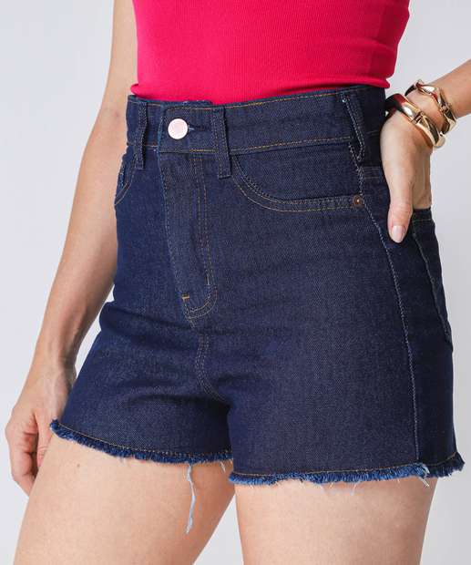 Short Jeans Feminino Cintura Alta Barra Desfiada Azul