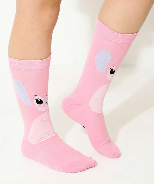 Kit 2 Pares Meias Cano Longo Feminina Stitch Disney