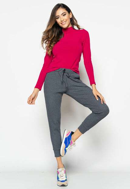 Blusa  Gola Alta Manga Longa Malha Canelada Rosa