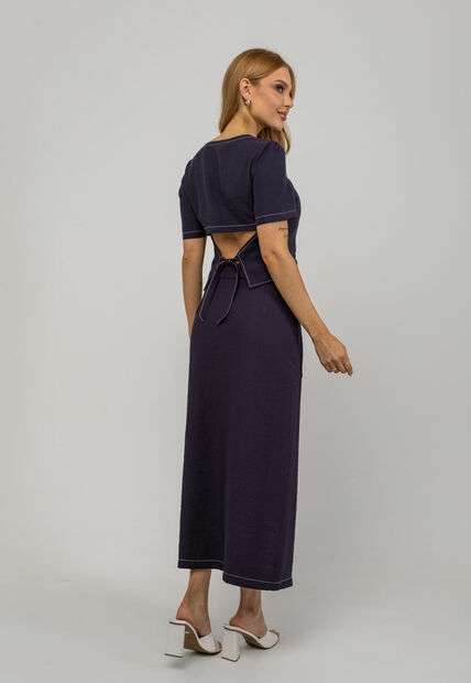 Saia De Alfaiataria Midi Com Bolsos Frontais e Fenda Azul Salvatore