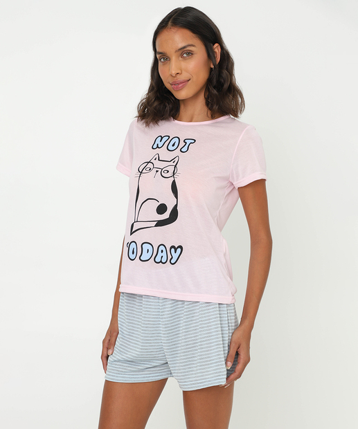 Pijama Feminino Frase Frontal Manga Curta Marisa Rosa