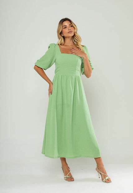 Vestido Longo Com Decote Reto E Manga Bufante 3/4 Verde Salvatore