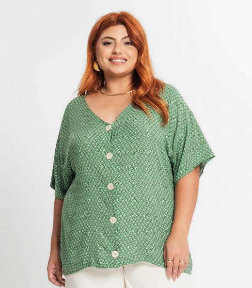 Camisa Feminina Plus Size Estampada Secret Glam Verde