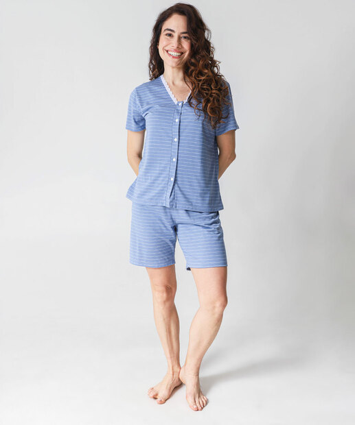 Pijama Feminino Listrado Manga Curta Marisa Azul