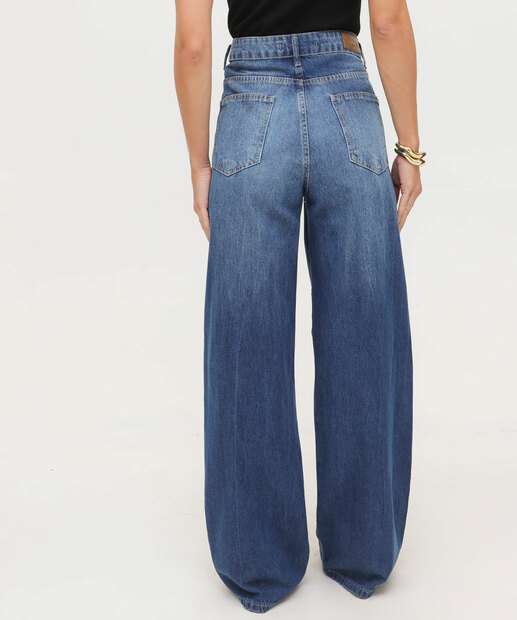 Calça Jeans Wide Leg Feminina Bolsos 
