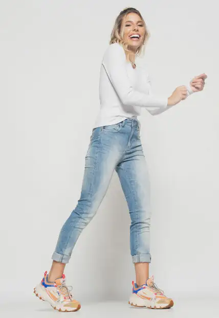 Blusa  Básica Manga Longa e Gola Redonda Canelada Branco Salvatore Fashion