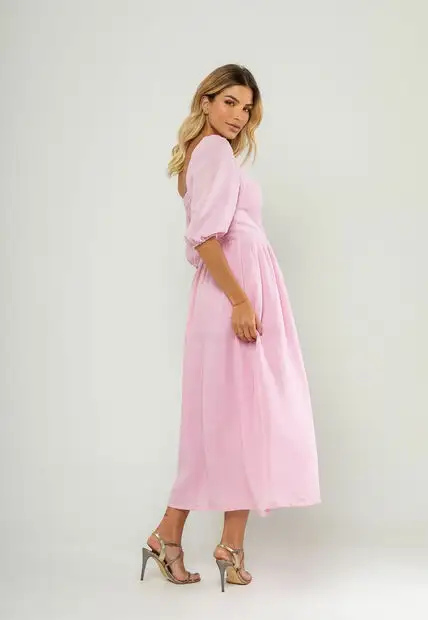 Vestido Longo Com Decote Reto E Manga Bufante 3/4 Rosa Salvatore