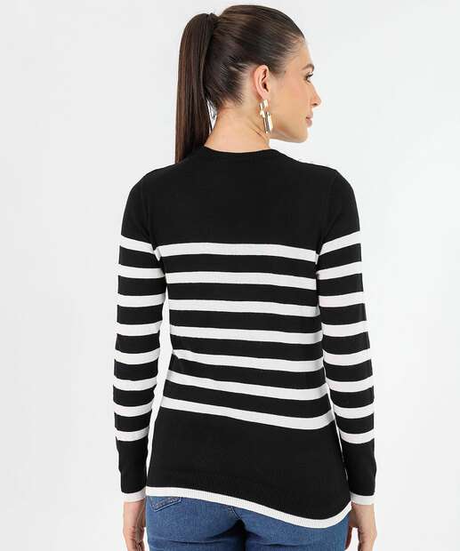 Suéter Feminino Tricô Listrado Pérolas Marisa Preto