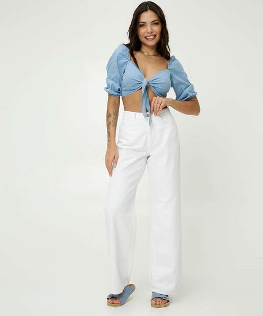 Calça Wide Leg Pantalona Feminina Sarja Bolsos Marisa