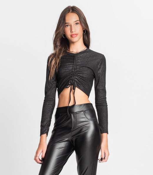 Blusa Feminina Manga Longa Ribana Canelada Minty Preto