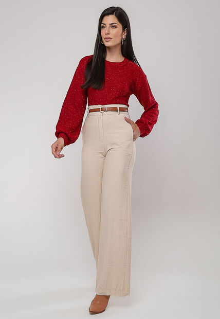 Blusa de Tricot em Fio Boton? Gola Redonda Vermelho Salvatore