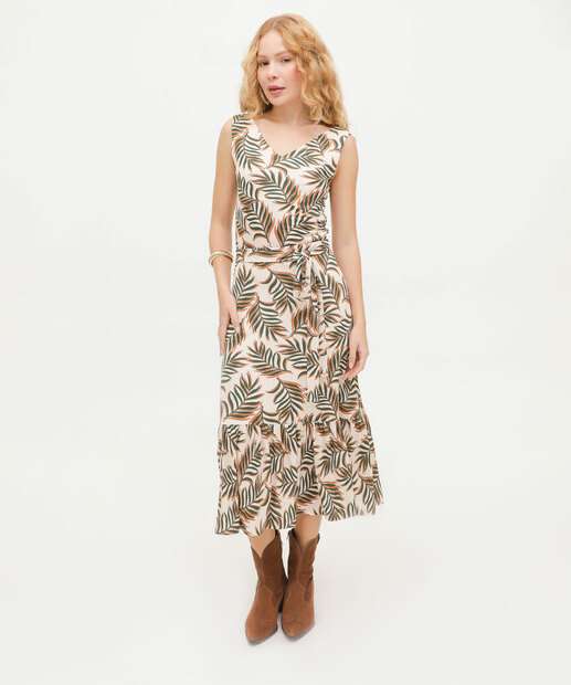 Saia Midi Feminina Estampa Folhas Babado Marisa