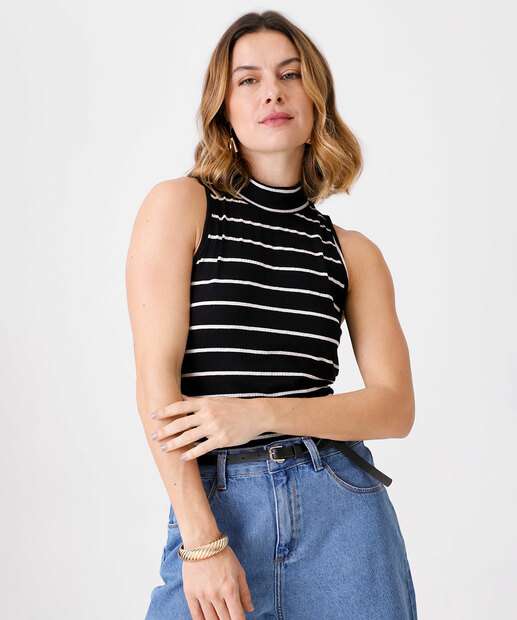 Blusa Feminina Listrada Gola Alta Sem Manga Marisa