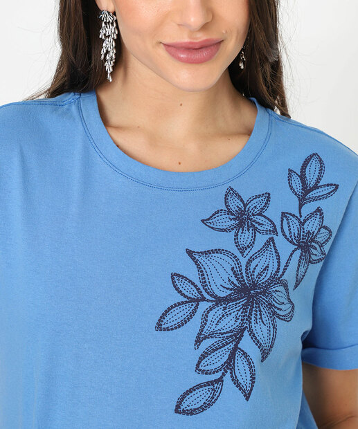 Blusa Feminina Flor Manga Curta Marisa Azul
