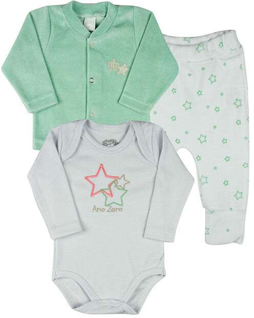 Image_Conjunto Plush Bebe Menina Casaco Body e Culote Bordado Estrelas - Verde