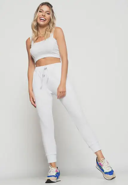 Calça  Jogger Comfy Malha Canelada Branco Salvatore Fashion