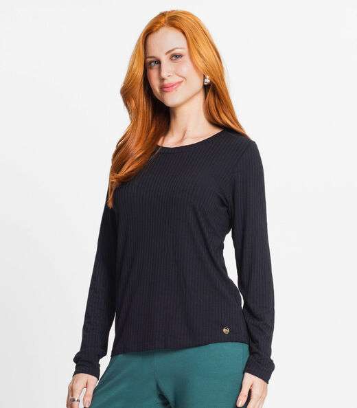 Blusa Manga Longa Canelada Rovitex Preto