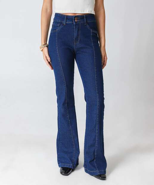 Calça Jeans Flare Feminina Botão Duplo Azul