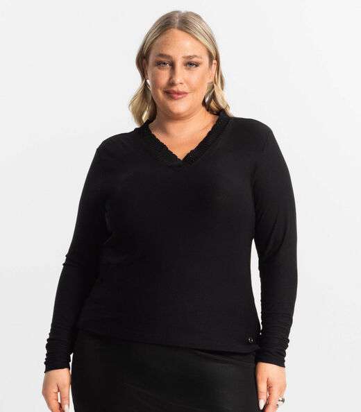 Blusa Plus Size Manga Longa Feminina Secret Glam Preto